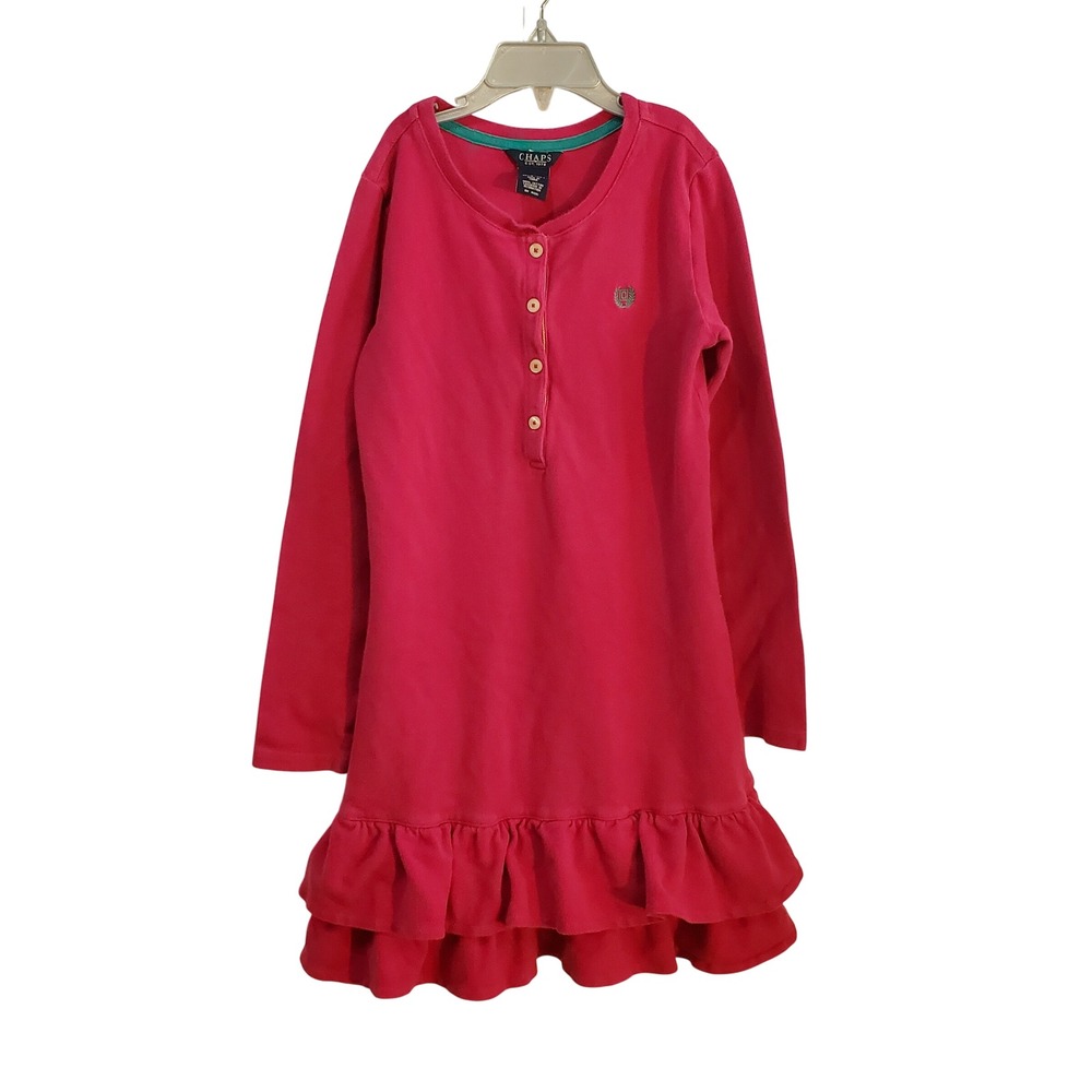 Chaps Girls' Dress Ruffle‎ Hem Long Sleeve Casual Pink Size M (8-10)